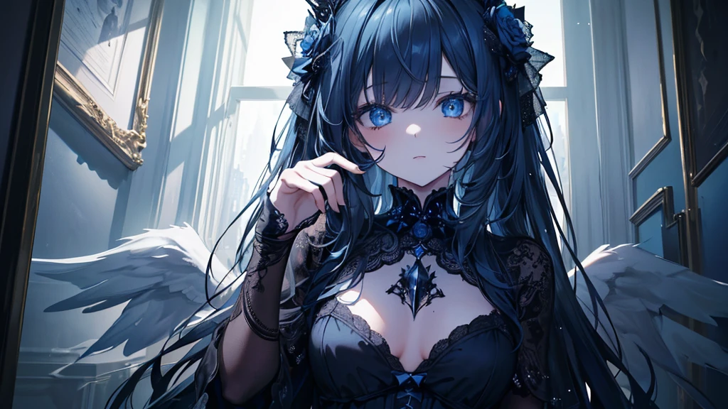 (masterpiece, Highest quality), One girl, alone, Absurd,((Masterpiece, 4K, 8K, High resolution)),Spectacular views,alone(dead angel(black-blue ,beautiful,Mysterious,complicated,detailed,Dark look)),She's killing it with black water,Colorful Refraction,Surreal,complicated,blue sky,Dynamic Angle, Gray Hair,