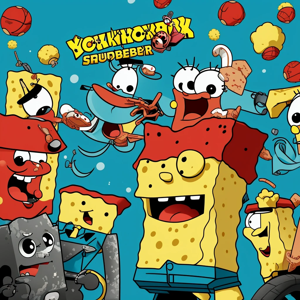 Create a picture of SpongeBob, Patrick, Squidward and Mr. Crabs as gang members