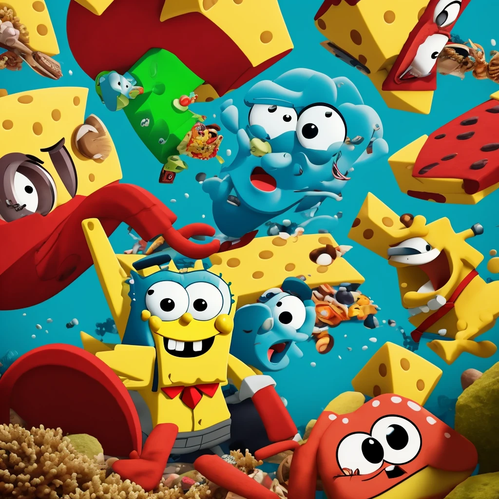 Create a picture of SpongeBob, Patrick, Squidward and Mr. Crabs as gang members