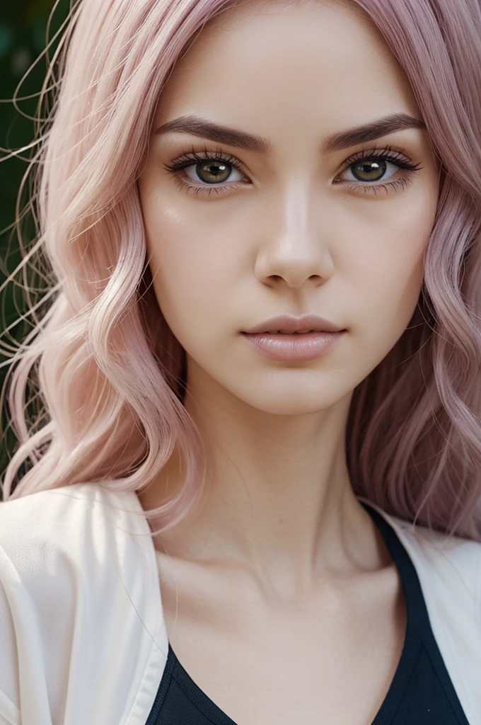 My hero academy female screencap with curly plum hair and white locks with pale skin and light brown eyes, one white eyelash and one plum-colored eyelash with a friendly and serious face 
