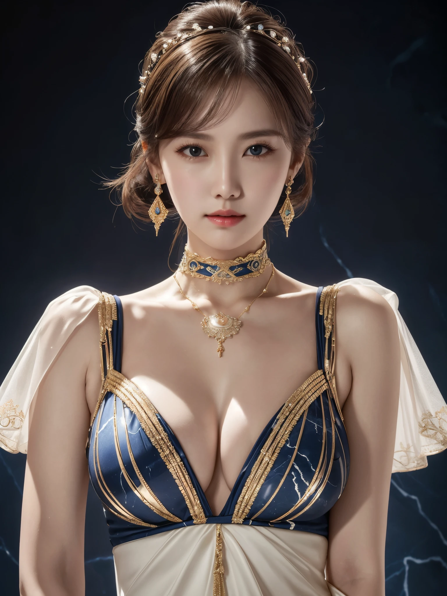 1girl, detailed face, wears a harmonious deep blue color of very elegant modern layered noblewoman oufit, realistic, (direct frontal spotlight:1.2), simple and stylish dark background, (stylized marble background:1.2), (solo:1.2), intricate bulk earring and necklace, intricate ornamental glamorous choker necklace, delicate hairpin, (full body:0.8), (looking at viewer:1.2), gigantic breast,