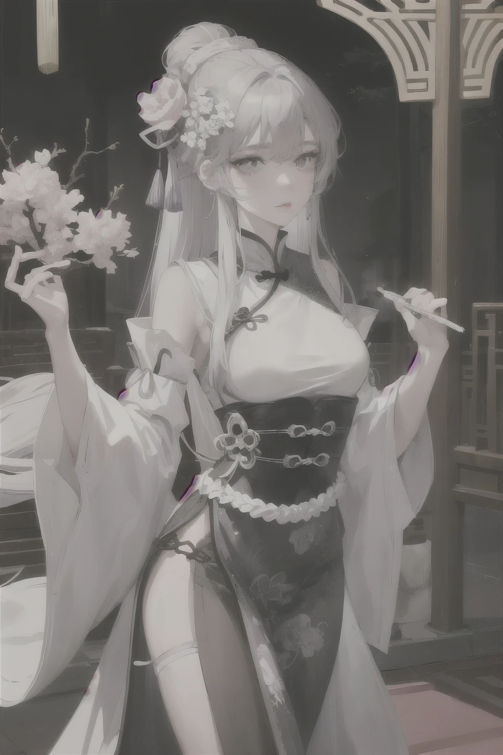 Masterpiece, Best Quality, Night, Full Moon, 1 Girl, Mature Woman, Chinese Style, Ancient China, Sister, Royal Sister, Cold expression, expressionless face, Silver white long haired woman, Light pink lips, Calm, Intellectual, Three belts, Gray pupils, Assassin, Short knife, Flower ball background, Strolling in the street scenery