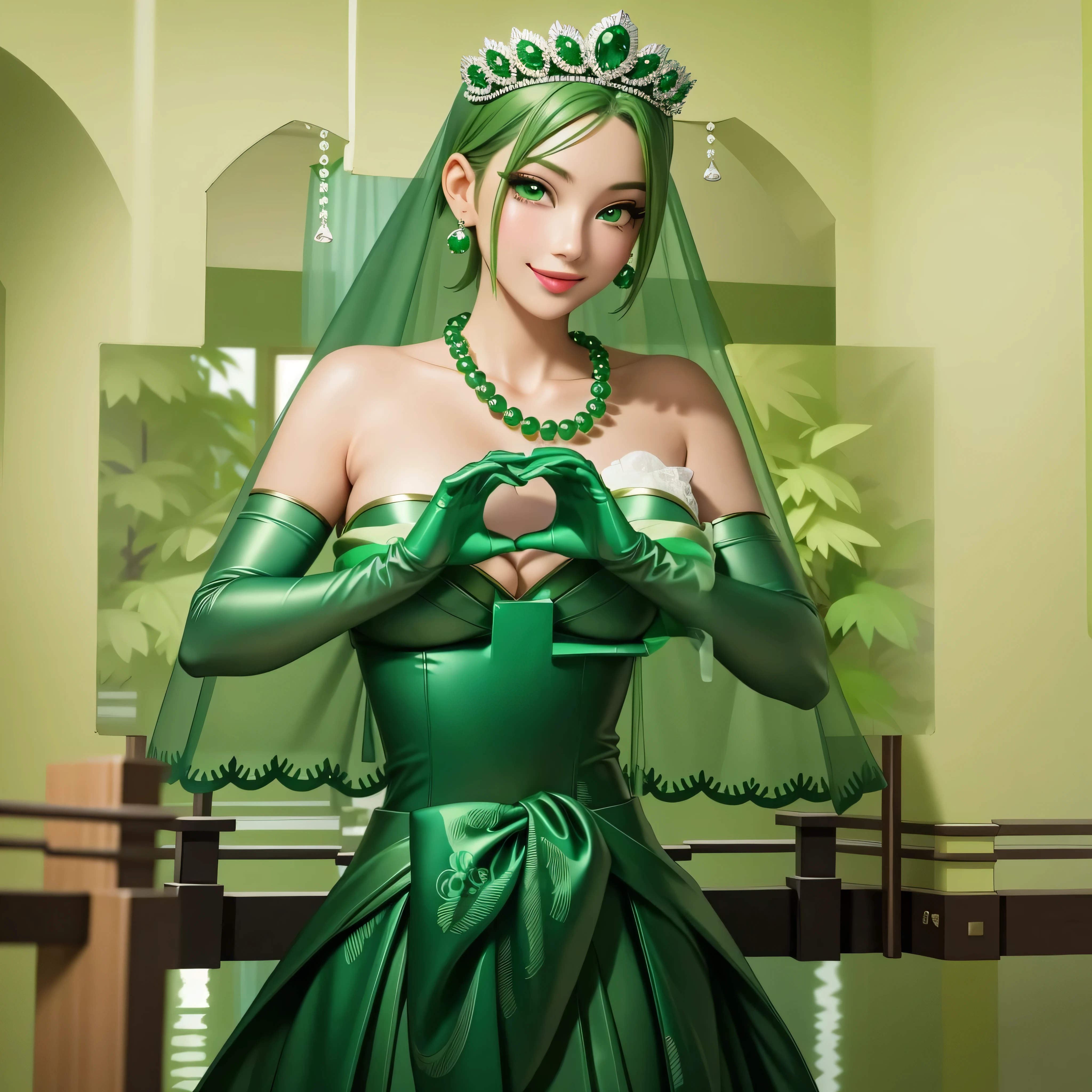emerald tiara, Green Pearl Necklace, Boyish very short green hair, Green Lips, Smiling Japanese woman, Very short hair, Busty beautiful lady, Green Eyes, Green satin long gloves, Green Eyes, Emerald Earrings, Green veil, Heart with both hands, Heart shaped hands, Green Hair, Beautiful Japanese Woman, green lip gloss