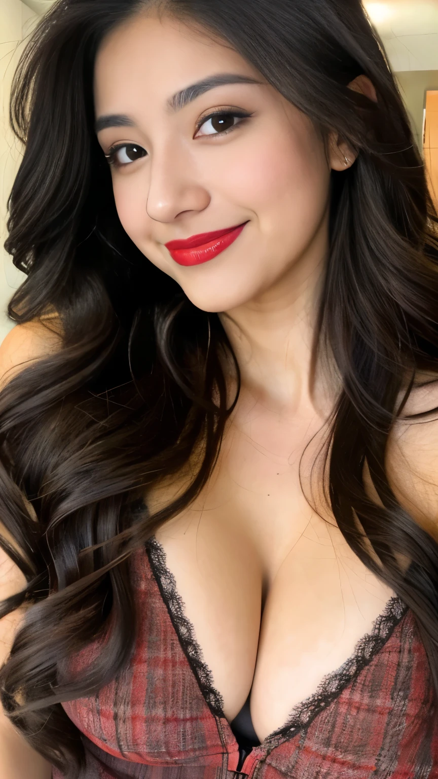 1 mexican girl, 25 years old, Long Wavy black Hair, dark brown eyes, black hair, nude, cleavage, smiling, red lipstick