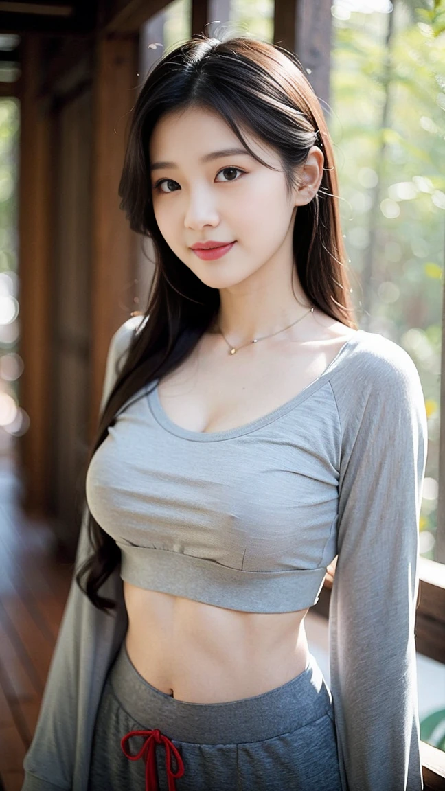 Asian woman wearing grey cropped top and grey sweatpants, young Asian girl, Wearing a crop top, beautiful Asian girl, Beautiful belly, Wearing a sexy cropped top, crop top, Asian girl, physical ,(a charming smile:1), 32 inches in the chest, (sexy pose),(, Young cute girl, Chinese Girl, Anime Thai girl, a young japanese girl, Wear casual clothing,(A girl in the forest),