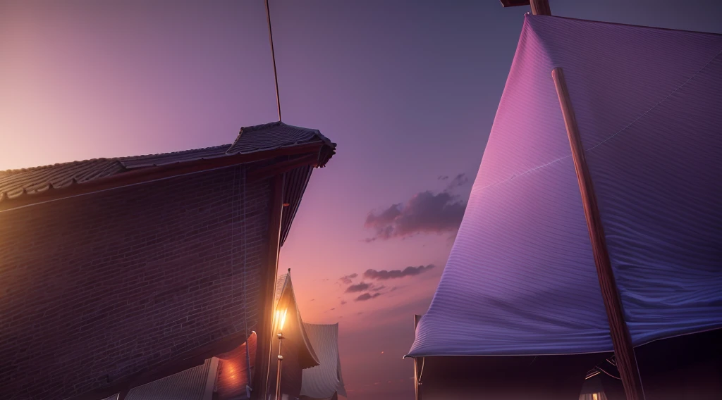 (under tarp canopy, wooden pole, under the market tents, under the canopies), buildings roofs farr away, low angle, dawn sky, early morning,
