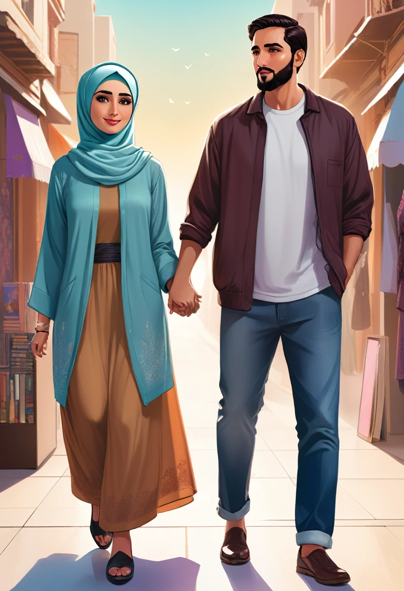 a hijab woman and a man in casual clothes are holding hands, digital art, by Marshall Arisman, cover illustration, 70mm, 7 0 mm, 70 mm, book cover illustration, by Brigette Barrager, album cover, novel cover art for a book, art concept for a book cover, cover art, 7 feet tall