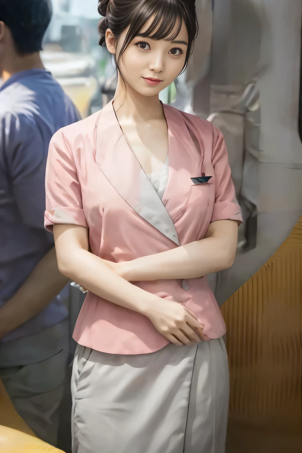 (masterpiece:1.2, Highest quality:1.2), 32k HDR, High resolution, (alone、1 girl)、（On the rooftop of a building in the daytime、Professional Lighting）、Building rooftop background、（Nankai train crew uniform pinkを着たリアルスタイル）、（Nankai train crew uniform pink short sleeve collarless pink jacket、Nankai Train Crew Uniform Pink Collarless Short Sleeve Blouse、Nankai Train Crew Uniform Pink Grey Knee-length Culottes）、（（The bottom of the pink short-sleeved jacket cannot be tucked into the clay-colored culottes.））、Dark brown hair、（Hair tied up、Hair Bun、Hair Bun）、Dark brown hair、Long Shot、Big Breasts、Thin legs、（（Great hands：2.0）），（（Harmonious body proportions：1.5）），（（Normal limbs：2.0）），（（Normal finger：2.0）），（（Delicate eyes：2.0）），（（Normal eyes：2.0））)、（Nankai Train Crew Uniform Pink Grey Knee-length Culottesを見せた美しい立ち姿）、smile