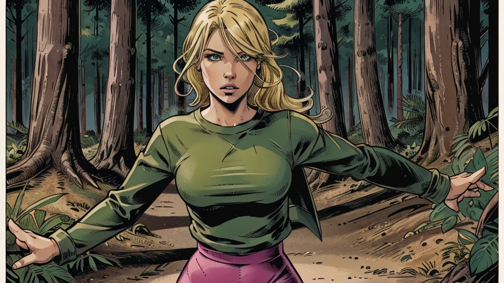 one person, y female blond character, green eyes, pink long-sleeve T-shirt, black leggings, fighting with monsters in forest