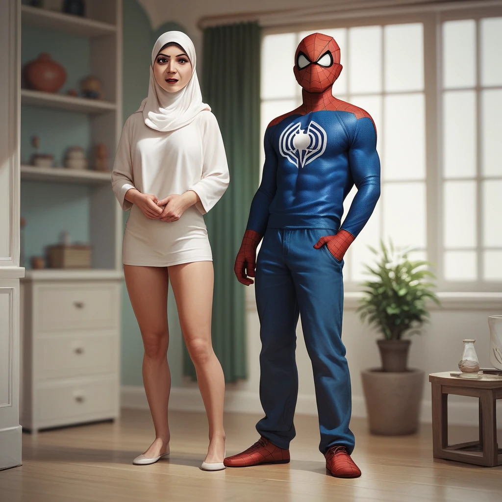 Pale skin Woman in straight hijab debating with marvel spiderman Peter Parker in young room full body standing two person