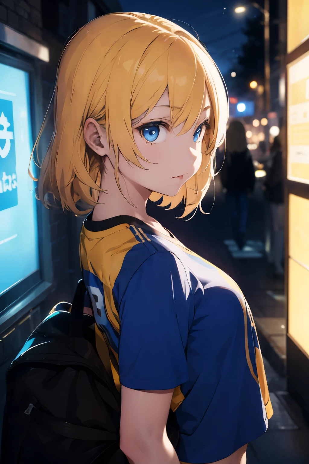 teenage woman ,gold hair, blue eye ,wearing a footballshirt. Turn around and look back. Half body image, colored lights