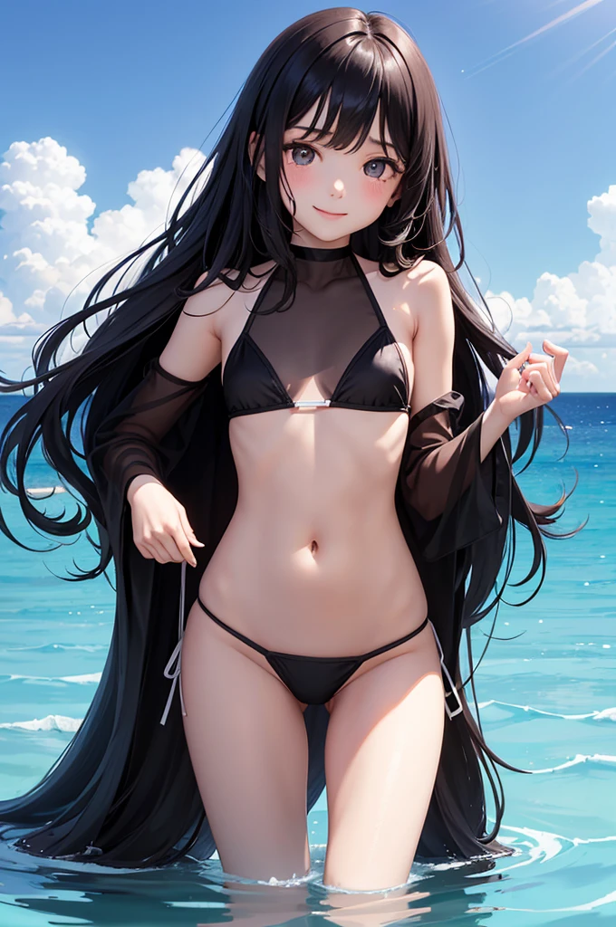 Children's body, 1 girl, cute girl, pretty face, bitter smile, , Beautiful black long hair, beautiful eyes, flat chest, small build, short torso, Small buttocks, No muscles, white skin, Very small bikini, micro bikini, see-through, Under the sea