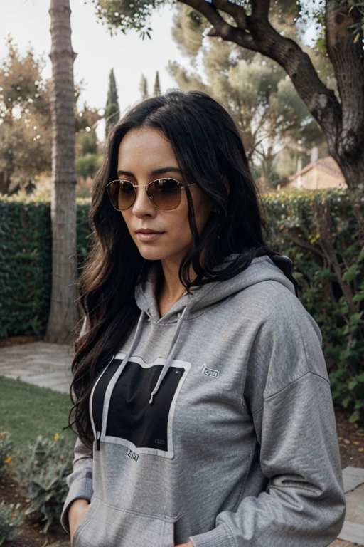 40-year-old woman, with long, wavy black hair, wearing black, sunglasses, dressed in a gray hoodie, the background is a garden with many trees, Mediterranean autumn landscape, like realistic, very realistic, photography