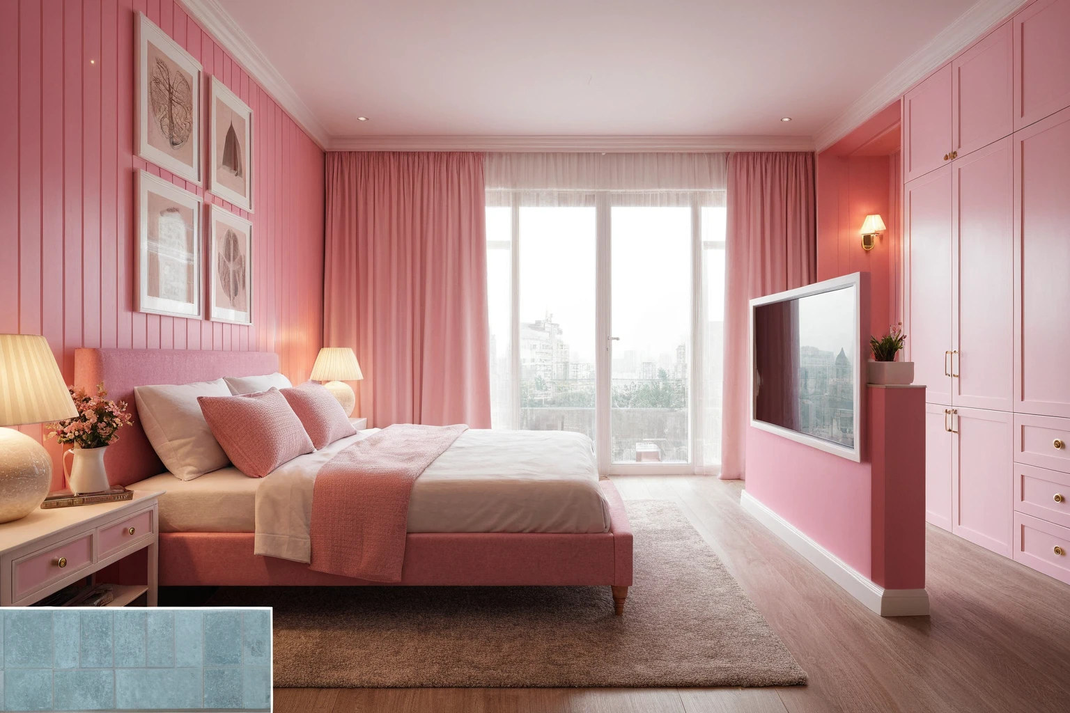 Raw photo,Masterpiece, high quality, pink tone
, wall deco decorations,  best quality, authentic, super detail, interior, indoors, bedroom style modern , (daylight:1.1), vivid colour, (realistic:1.2).
