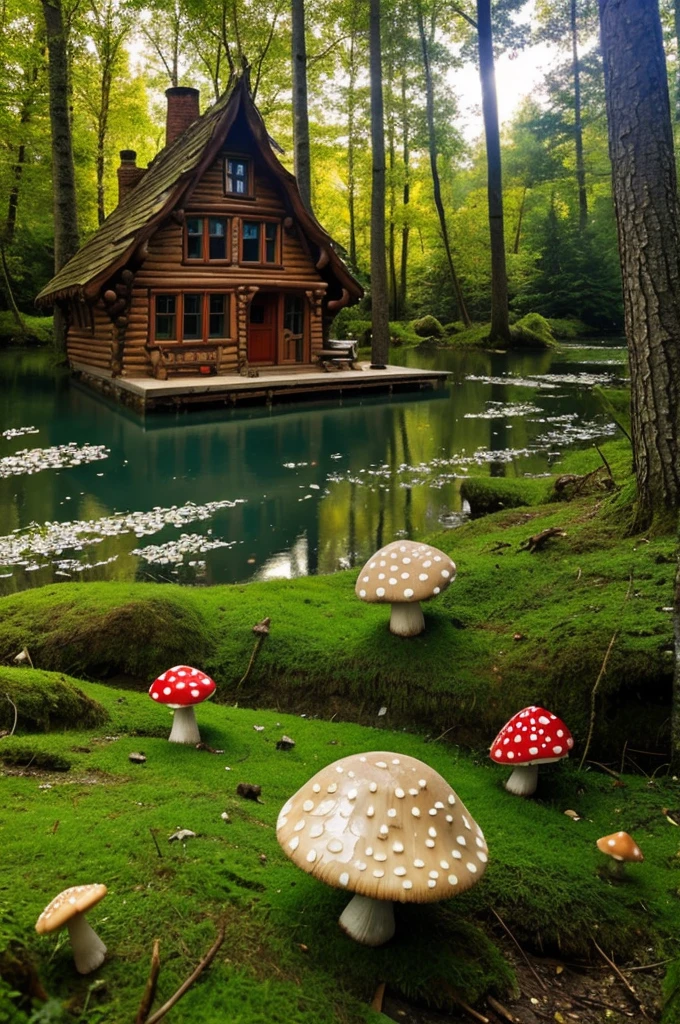 A fantastical house in the shape of a fly agaric mushroom, the witch's house, stands in a dense, enchanted forest on the shore of a lake. A bright sunny day illuminates this magical scene.