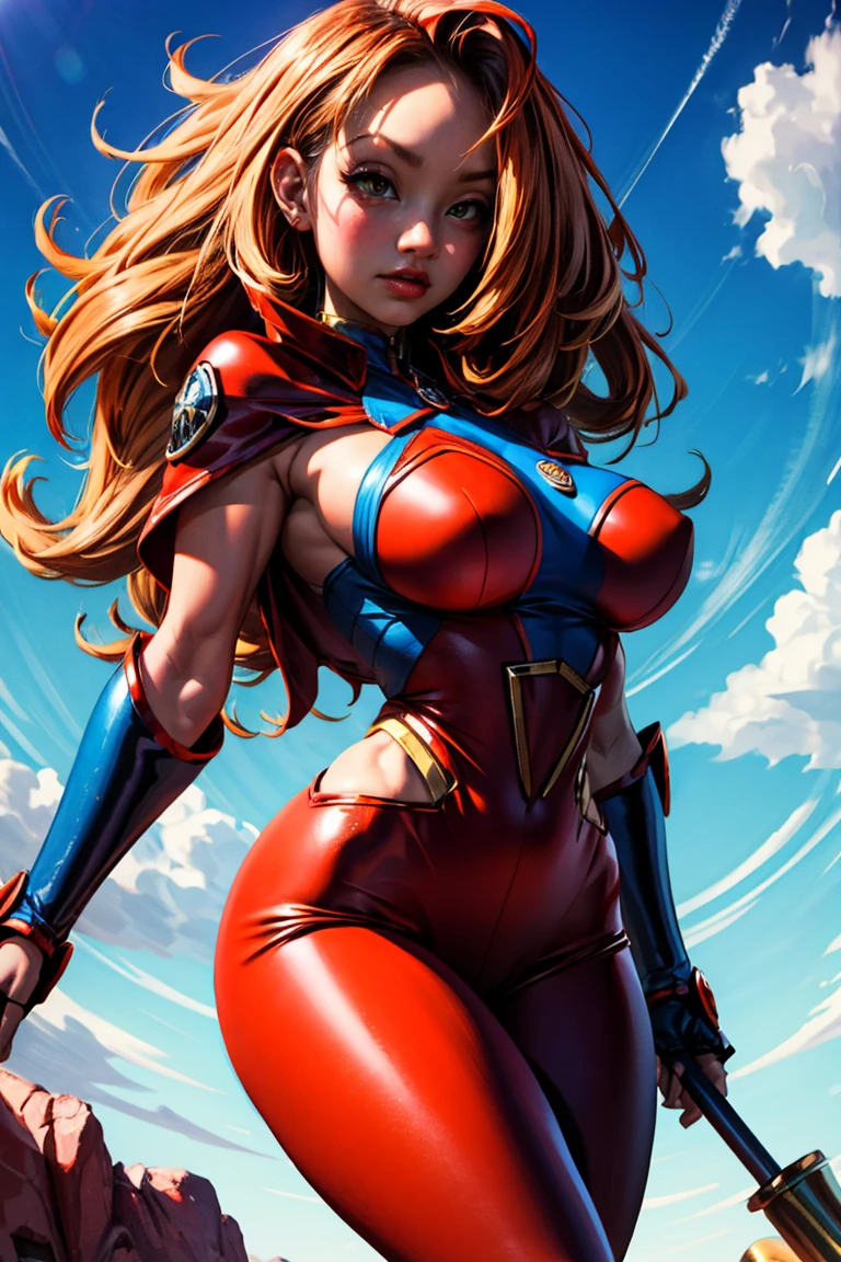 highly insanely detailed, work of art, maximum quality, best qualityer, high resolution, 4K, 8K, CRU photo, (1 girl),standing alone,Angela, hair orange, long hair, big hair,forehead protector, gauntlets, cinta, thick lips, Red lips, shadowed face,no pupils, eye white, floating hair, Jumpy, dynamic pose, breasts big, gazing at viewer, (dynamic weather), (dynamic colors), random colors,