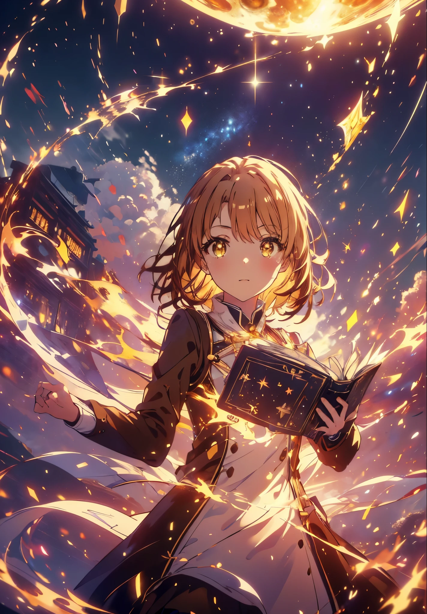 Irohaisshiki, isshiki iroha, short hair, Brown Hair, (Brown eyes:1.5), smile,((Night Sky)),((Big full moon)),((Sparkling and colorful stars)),Fluffy hair,((Idol style costume with soft volume)),Long skirt,Holding a magic book in his right hand、,Use magic with your left hand,((witch)),Rubik&#39;正方shape,
break outdoors, forest,forest
break looking at viewer,Upper Body,
break (masterpiece:1.2), Highest quality, High resolution, unity 8k wallpaper, (shape:0.8), (Narrow and beautiful eyes:1.6), Highly detailed face, Perfect lighting, Extremely detailed CG, (Perfect hands, Perfect Anatomy),