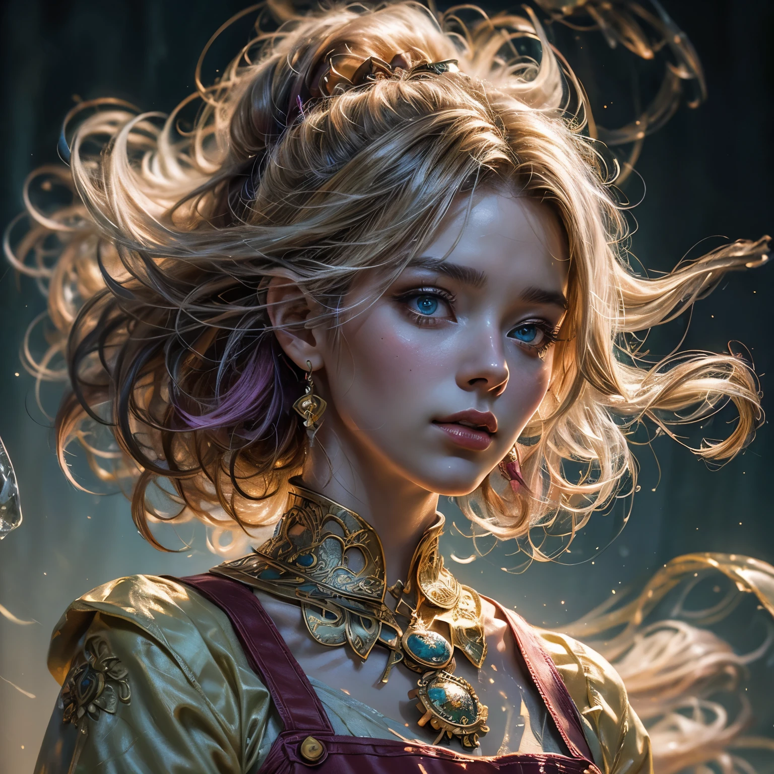 Beautiful and colorful woman: 15 years old woman, messy hair, oil painting, beautiful and perfect face with soft skin, perfect face, pinkish green cores, light and violet magnetic additions, light red additions, Cosplay, wearing apron or transparent nightgown, holding cutlery, intricate details home screen masterpiece in 8k resolution beautiful face digital painting photorealistic artstation smooth fluid black paint: photorealistic masterpiece in 8k resolution: intricately detailed gouache painting fluid: by John Baptist Mongue: calligraphy: acrylic: watercolor art , professional photography, natural lighting, volumetric lighting maximalist photo illustration: by Marton Bobzert: complex, elegant, expansive, Fantastic
