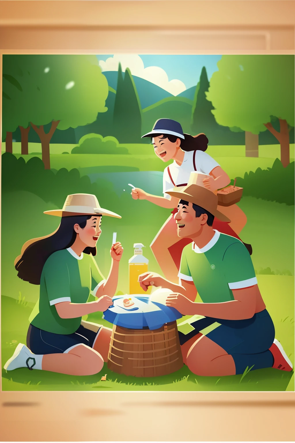 有一张poster，The picture above shows a family having a picnic in the field., Chiba Yuda, camping，Ten Ten，Intermediate metaverse, Popular on cgstation, exciting illustration, author：Qu Leilei, poster, 🚿🗝📝, Poster illustration, author：Ni Yuanlu, illustration], author：Cheng Jiasui