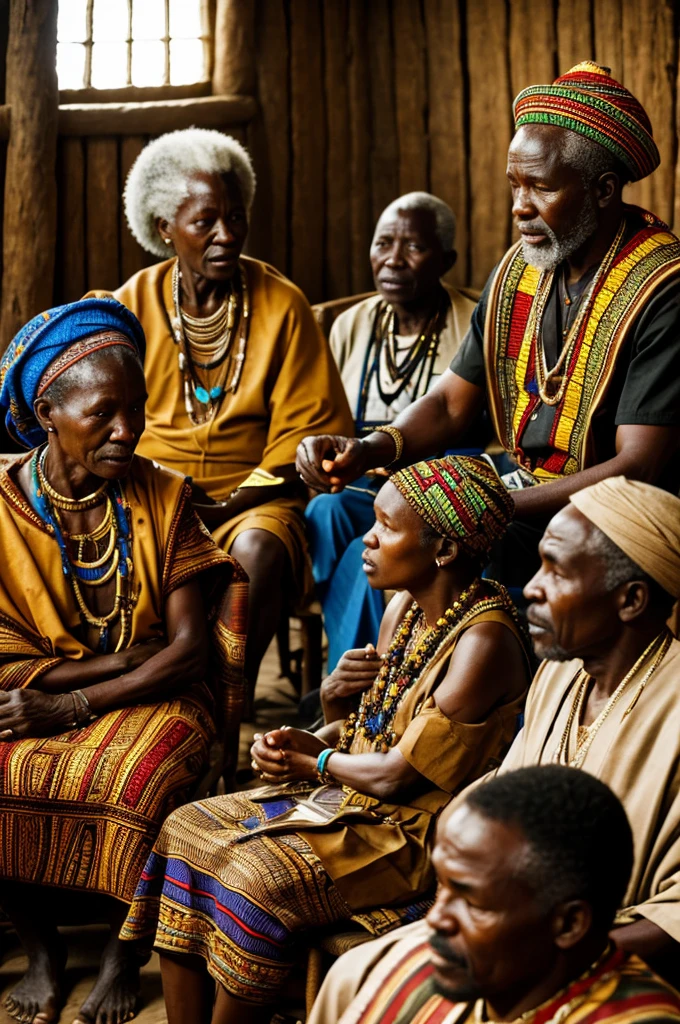 "A African village council meeting with African elders speaking passionately, villagers listening intently, the atmosphere serious and contemplative."
