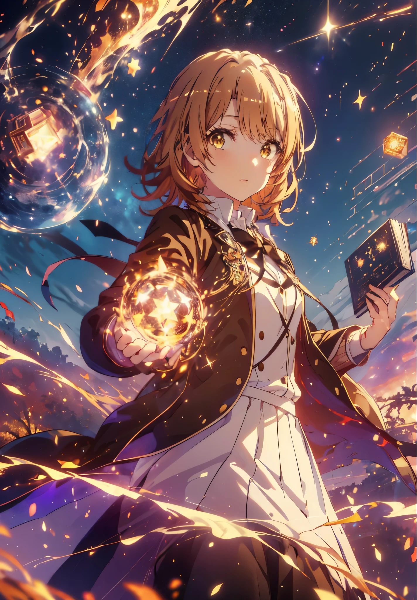 Irohaisshiki, isshiki iroha, short hair, Brown Hair, (Brown eyes:1.5), smile,((Night Sky)),((Big full moon)),((Sparkling and colorful stars)),Fluffy hair,((Idol style costume with soft volume)),Long skirt,Holding a magic book in his right hand、,Use magic with your left hand,((witch)),Rubik&#39;正方shape,
break outdoors, forest,forest
break looking at viewer,Upper Body,
break (masterpiece:1.2), Highest quality, High resolution, unity 8k wallpaper, (shape:0.8), (Narrow and beautiful eyes:1.6), Highly detailed face, Perfect lighting, Extremely detailed CG, (Perfect hands, Perfect Anatomy),