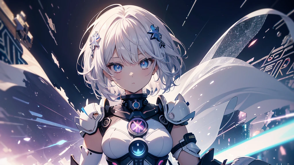 (Hyper HD), masterpiece,high quality, (((4K))),(Anime Style:1.6), (Afrofuturism:1.4),(A Broken World:1.1),(bust:1.5),
Light and dark contrast, Divine Light,Zoom Layer,Back Shadow, Panoramic View,Ray Tracing,(Correct Anatomy),(Correct Hand Structure) Star Cloud,Floating white rose,A technology-packed background,
(((Only one girl))),Gray Hair, Short fine hair, Delicate hair, Veil, Snowflake hair ornament, (Bright and clear eyes:1.2), Heterochromatic pupil,Turn away from the camera,Surprise expression,Reach out forward,