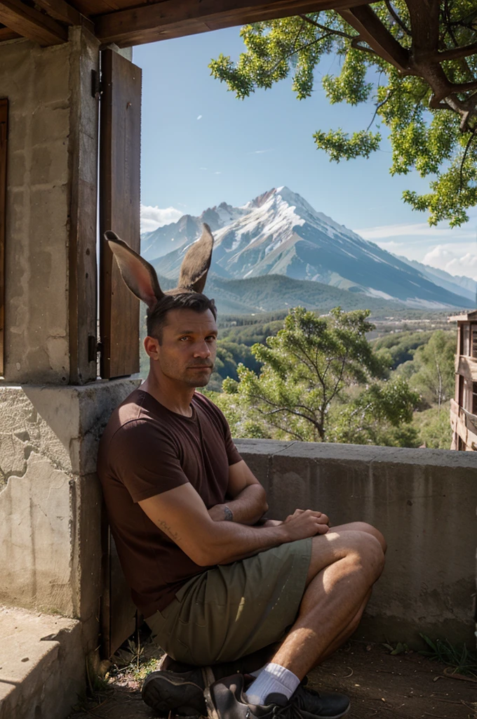 The rabbit man is sitting looking at the cool mountain