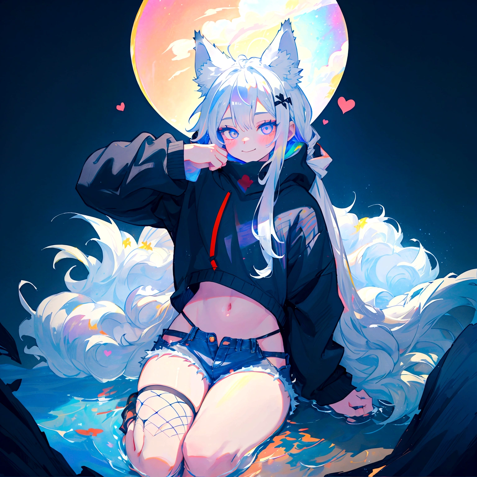 a cute adult male with wolf ears, long white hair, long locks, has a wolf tail, wearing a loose cropped black hoodie, wearing a pair of denim short shorts and fishnet stockings, thick thighs, wide hips, relaxing on mound of fluffy multi colored kawaii plushies, short, very slim, showing slender tummy, heart on hoodie, squishy thighs, has glowing blue eyes. alone, solo (ALONE)(SOLO), surrounded by rainbows, colorful galaxy backround, smiling, stretching out