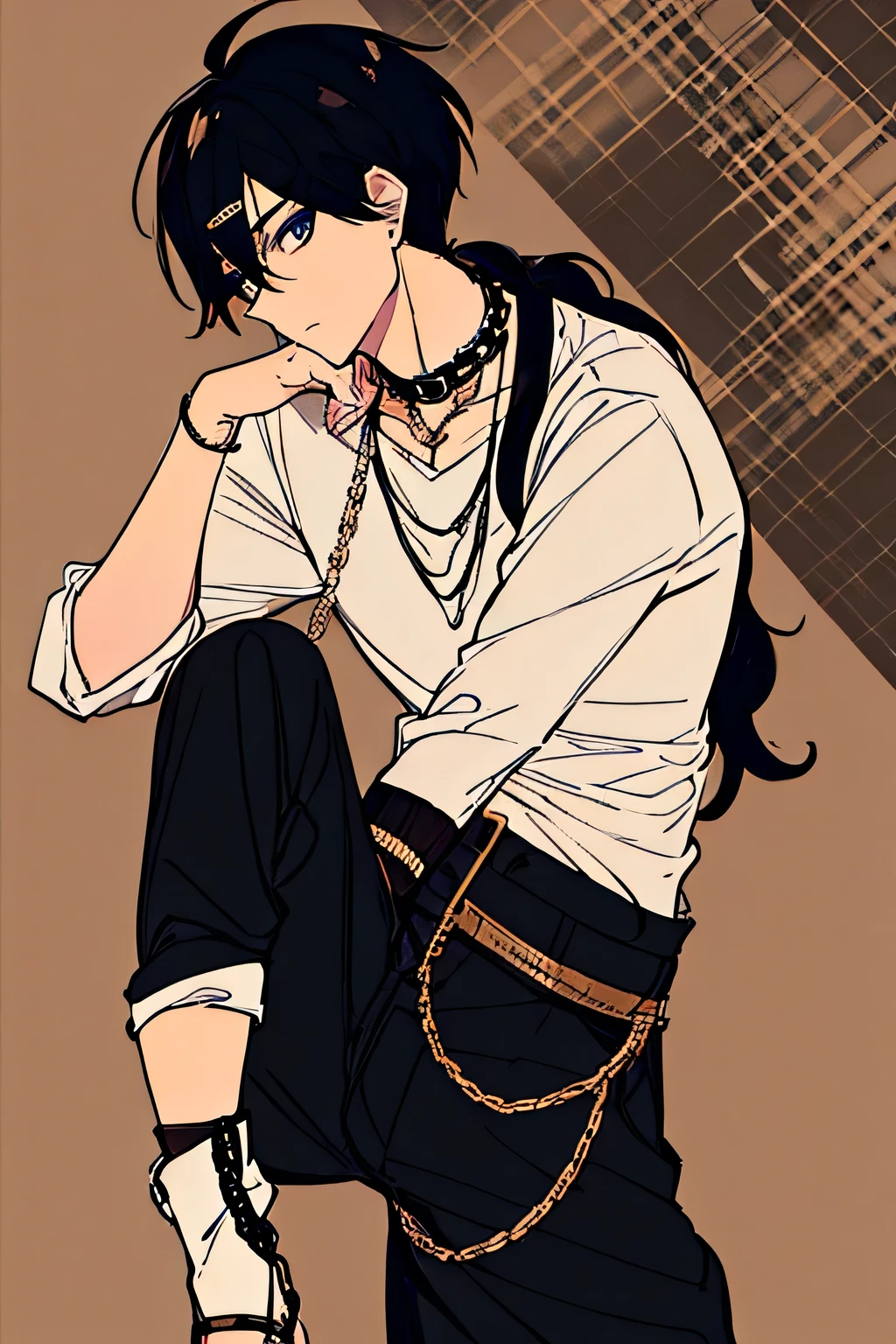 A boy with black eye color, black hair, in a manga style background,  style with chains on his pants with several rings and a book style hairstyle.