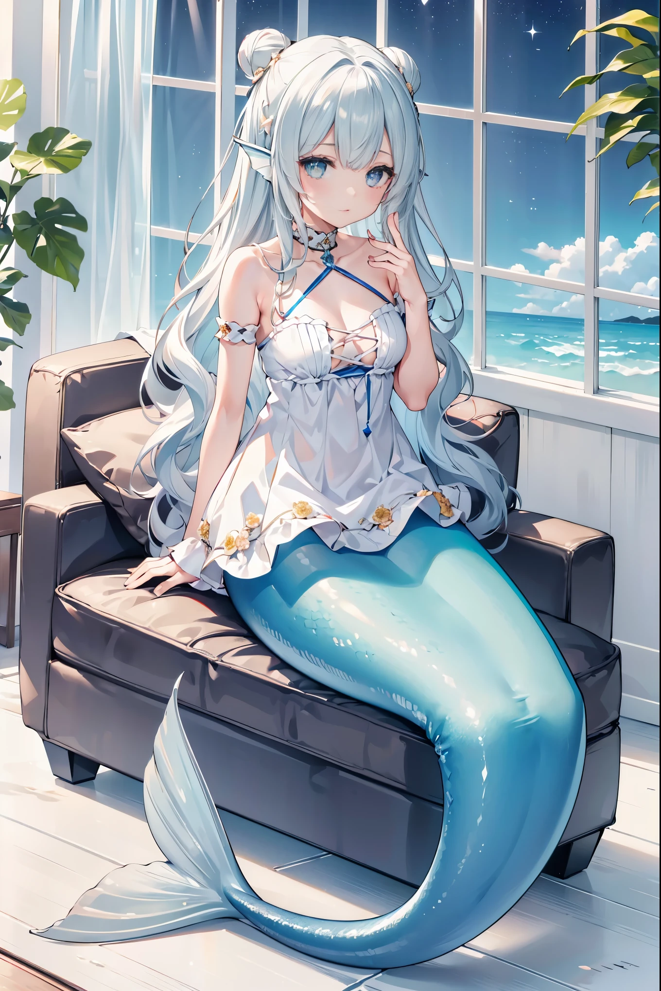 masterpiece, best quality,(perfect five fingers,The best ratio of four fingers and a thumb),A girl,(Exquisite eyes),This MalinSundress,doubsrfc bun, long hair, short dress,ssrfcevesrfcss, ssrfcevesrfcss dress,   sundress,white dress, white_flower, white_rose,halter dress,srfc_malin_(the_knight's_True_nature)_(azure_lane),Large Breasts,Hair accessories,Head fin,Mermaid,白色的Mermaid尾巴,Bangs,full-body shot,living room,Sitting on the sofa,sea view outside the window