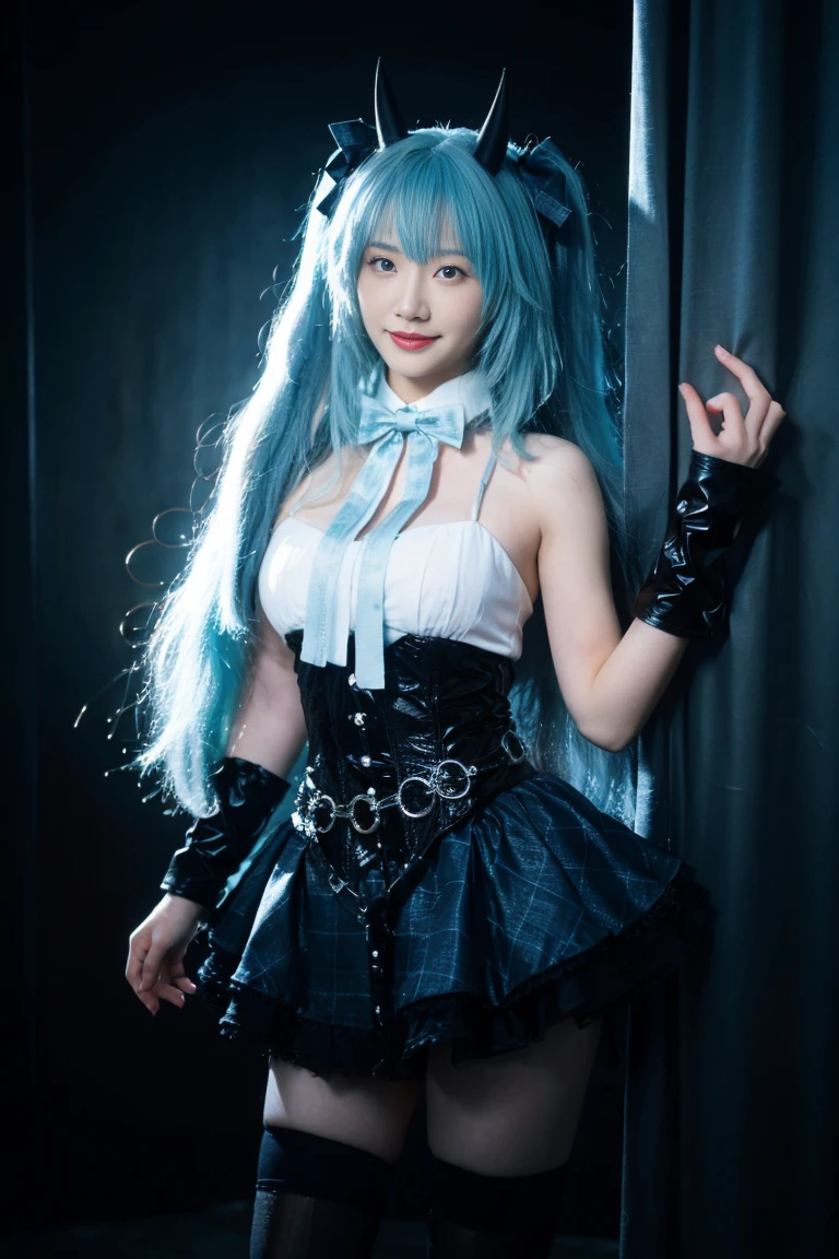 best quality, tmasterpiece,Ultra-high resolution,Clear face,(Reality:1.4),ferpect lighting,(upper body shot:1.5), (photorealistic:1.50), anime wallpaper, Guviz style artwork, cover-up fantasy up to magic , by Yang J, Guviz, beautiful artwork illustration, beautiful digital artwork, beautiful digital illustration, Li Song, beautiful anime portrait, art style in Beauvot, 1girl, 独奏, looking at viewer, smile, standing, full body, arms at side, hatsune miku cosplay costume, hatsune miku, cosplay, aqua hair, very long hair, twintails, shirt, corset, skirt, plaid skirt, detached collar, detached sleeves, arm warmers, bowtie, bow, horns, demon horns, demon wings, demon tail, ribbon, o-ring, chain, thigh strap, hair ribbon, hair bow, thighhighs, torn thighhighs, knee boots, belt boots, platform boots, Curtain background, indoor,