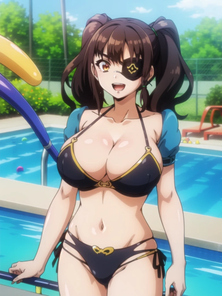 masterpiece, Highest quality, Raphael, Twin tails, Pool, smile, upper body, eyepatch bikini, (looking at me), (large breasts), Emphasize the breasts, standing, open mouth, breast press,