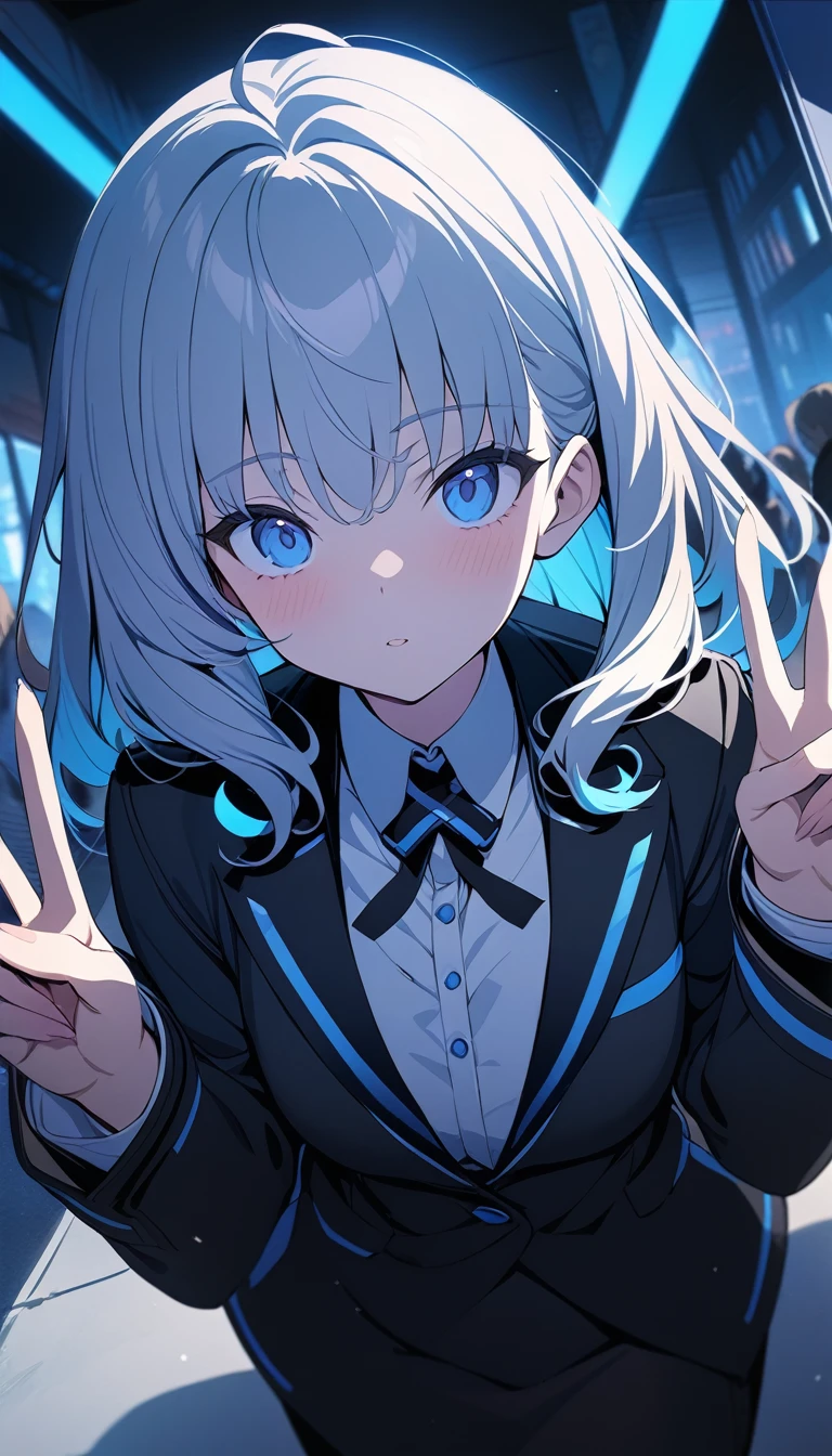 1 Girl, certainly \(Blue Files\), Blue Files, Game CG, Solitary, Double V, Looking at the audience, Upper Body, angle, Depth of Field, outdoor, masterpiece, best quality