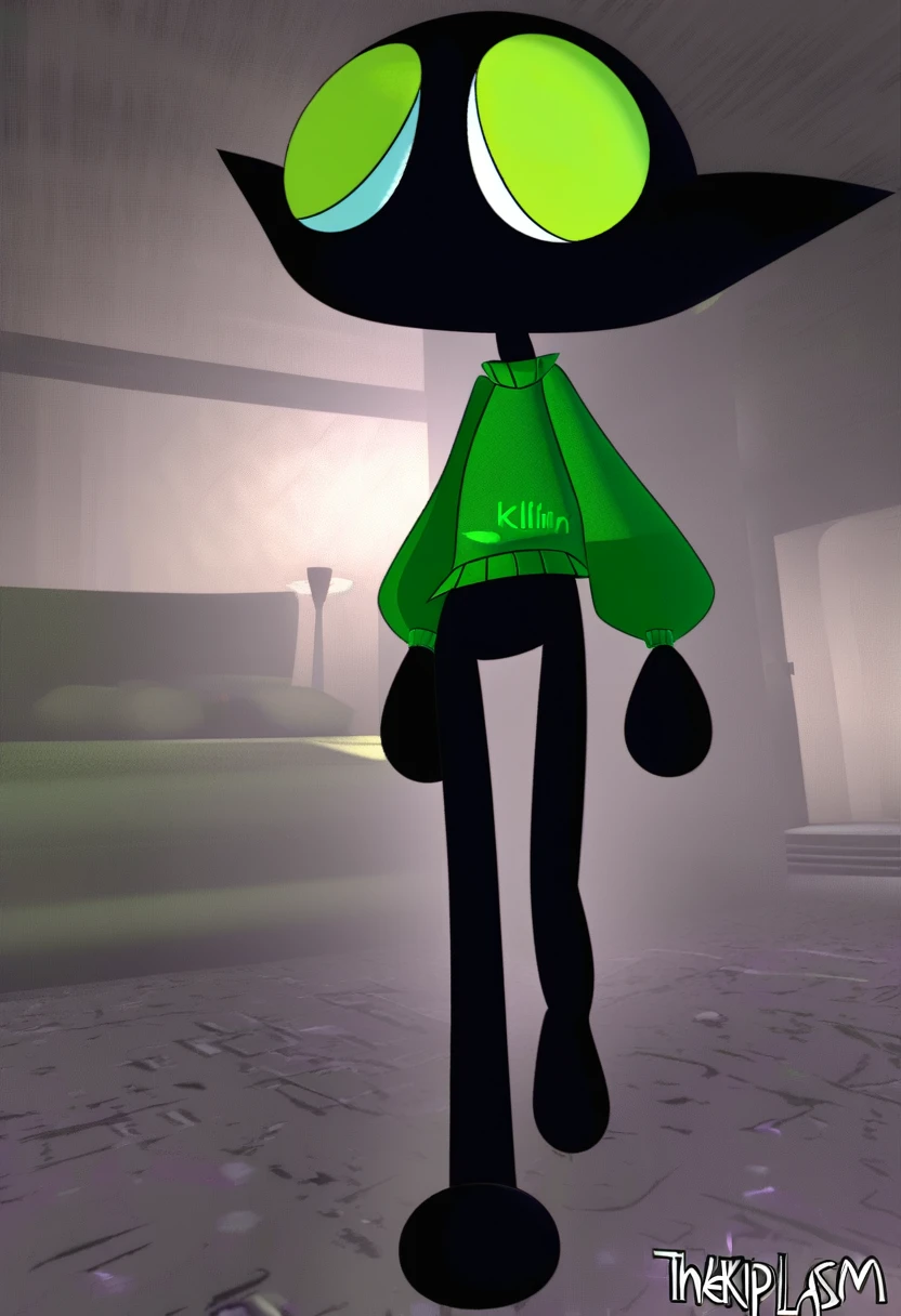 all black feline guy, cartoonish, 3d animation, green eyes, lime slitted pupils, walking around basement, Pixar animation, dim lighting, spherical head, long thin tail, thin, skinny, tall, pointy triangle ears, 3d shapes body, green sweater, extremely pitch black fur, seven feet tall, wolf-like, fluff fur, fox- like ears and snout, vivziepop style ((((by inkplasm, by thekilinah:1.12)))
