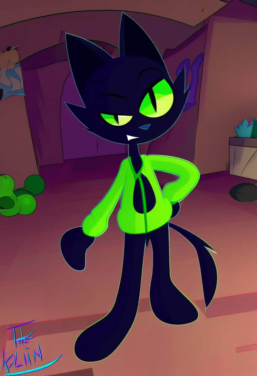 all black feline guy, cartoonish, 3d animation, green eyes, lime slitted pupils, walking around basement, Pixar animation, dim lighting, spherical head, long thin tail, thin, skinny, tall, pointy triangle ears, 3d shapes body, green sweater, extremely pitch black fur, seven feet tall, wolf-like, fluff fur, fox- like ears and snout, vivziepop style    ((((by inkplasm, by thekilinah:1.12)))                                                         