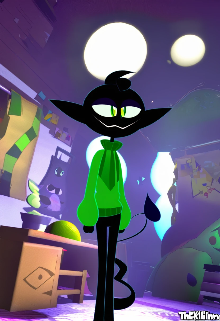 all black feline guy, cartoonish, 3d animation, green eyes, lime slitted pupils, walking around basement, Pixar animation, dim lighting, spherical head, long thin tail, thin, skinny, tall, pointy triangle ears, 3d shapes body, green sweater, extremely pitch black fur, seven feet tall, wolf-like, fluff fur, fox- like ears and snout, vivziepop style ((((by inkplasm, by thekilinah:1.12)))
