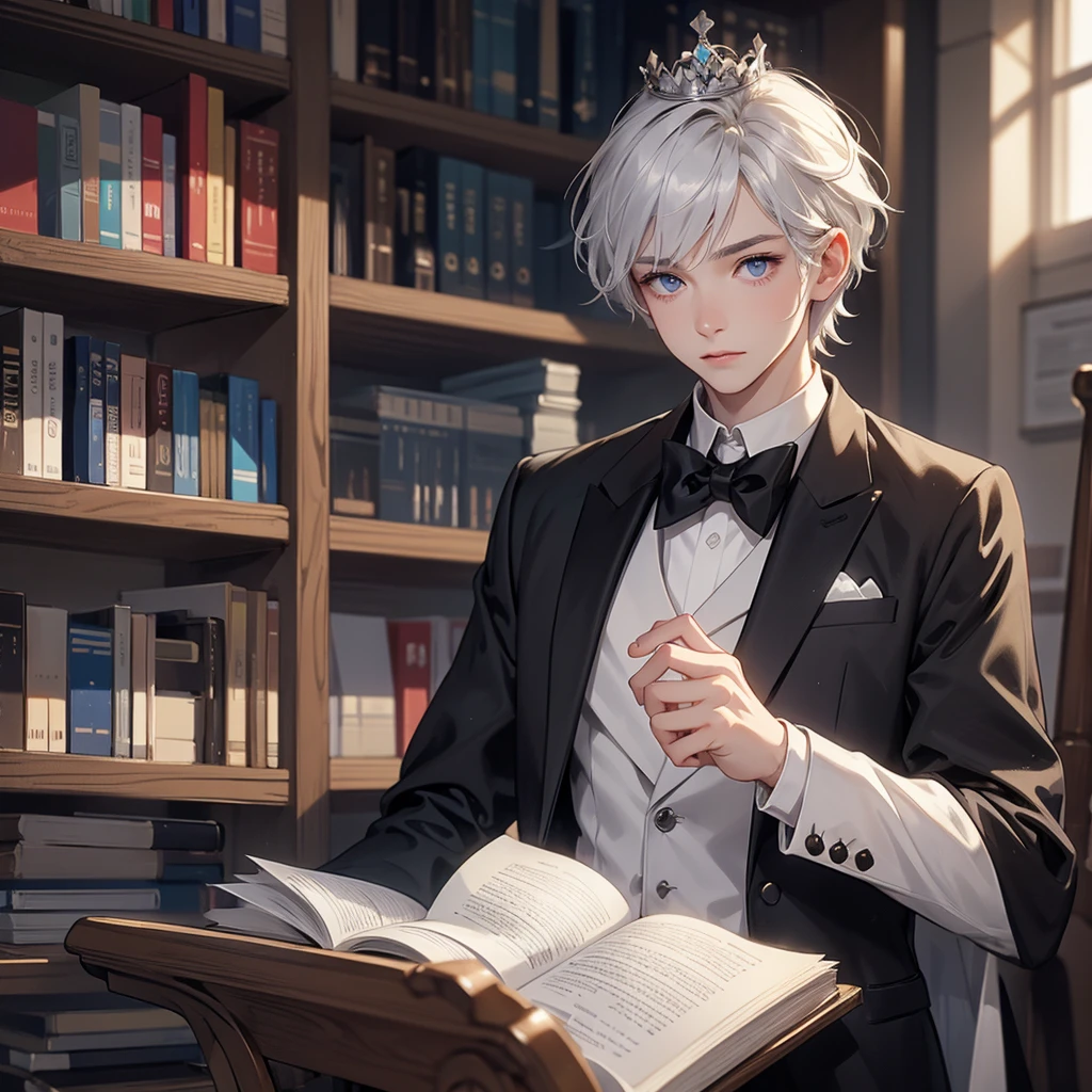 1 boy, 18 years old, short hair, silver hair, wear a prince crown, nordic eyes, white skin, a prince tuxedo, background in a library