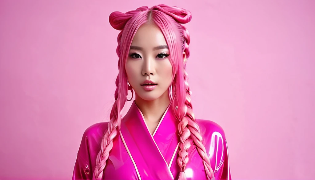 Create a beautiful and sexy Japanese model with a well-fitting pink latex kimono, with very long hair in the form of a pink braid captured at the moment she is absorbed and cloned in multiple copies by a slimy pink slime and my pink slimy. Fetiche de latex con tetas grandes