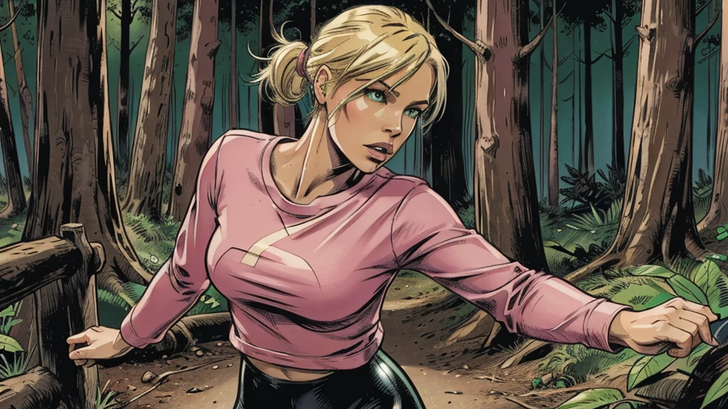 one person, sexy female blond character, green eyes, pink long-sleeve T-shirt, black leggings, fighting with monsters in forest