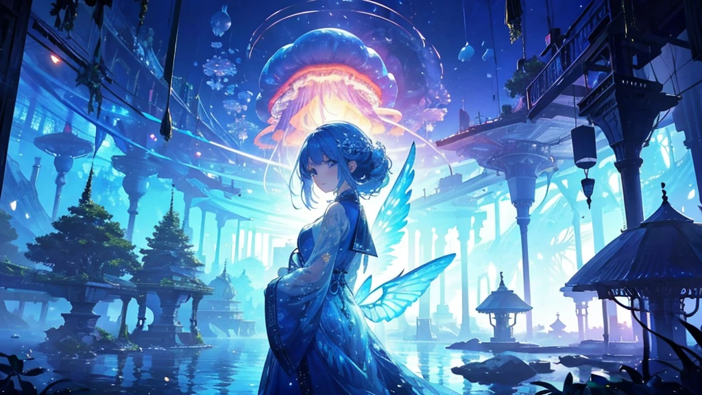 masterpiece, high quality, Sea Forest, city, Wonderful fantasy, A 22-year-old girl in the center looking up at the sky, Glowing Plants, Coral Viaduct, (A swarm of glowing jellyfish), (School of fish with transparent wings flying in the sky), fog, Attention to detail, Morning light, Great composition, (Exquisite detail), (Intricate Design, Super detailed: 1.2), Art Station, (masterpiece, 最high quality), Ultra HD, 32K --v 6