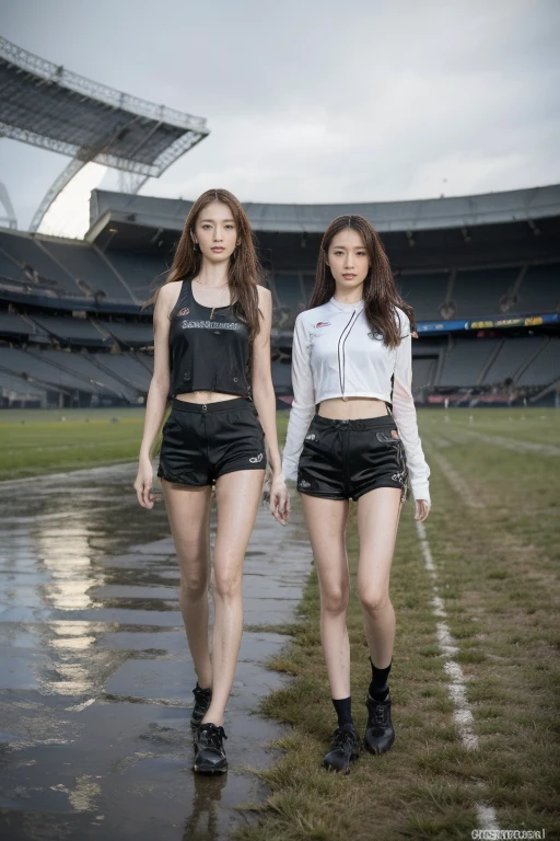 (8K, 4K, best quality, high resolution: 1.2), (Master, Practical, Photorealism: 1.4), Dark Fantasy, Night,Portrait of emb-haiz, 2 female students,Pretty Face, (Delicate face), (((Delicate eyes))) ,blonde,Perfect body,Stylish long hair,Stadium at night,Long-range shooting,They were wearing track and field uniforms.,Track and field shorts, Strong abs,Slender long legs,sports shoes,Two schoolgirls walking in the stadium,Huge stadium in the background,Dramatic Lighting, (Wet ground:1.2).Practical, Very detailed, HD, Gothic style,Back to the audience
