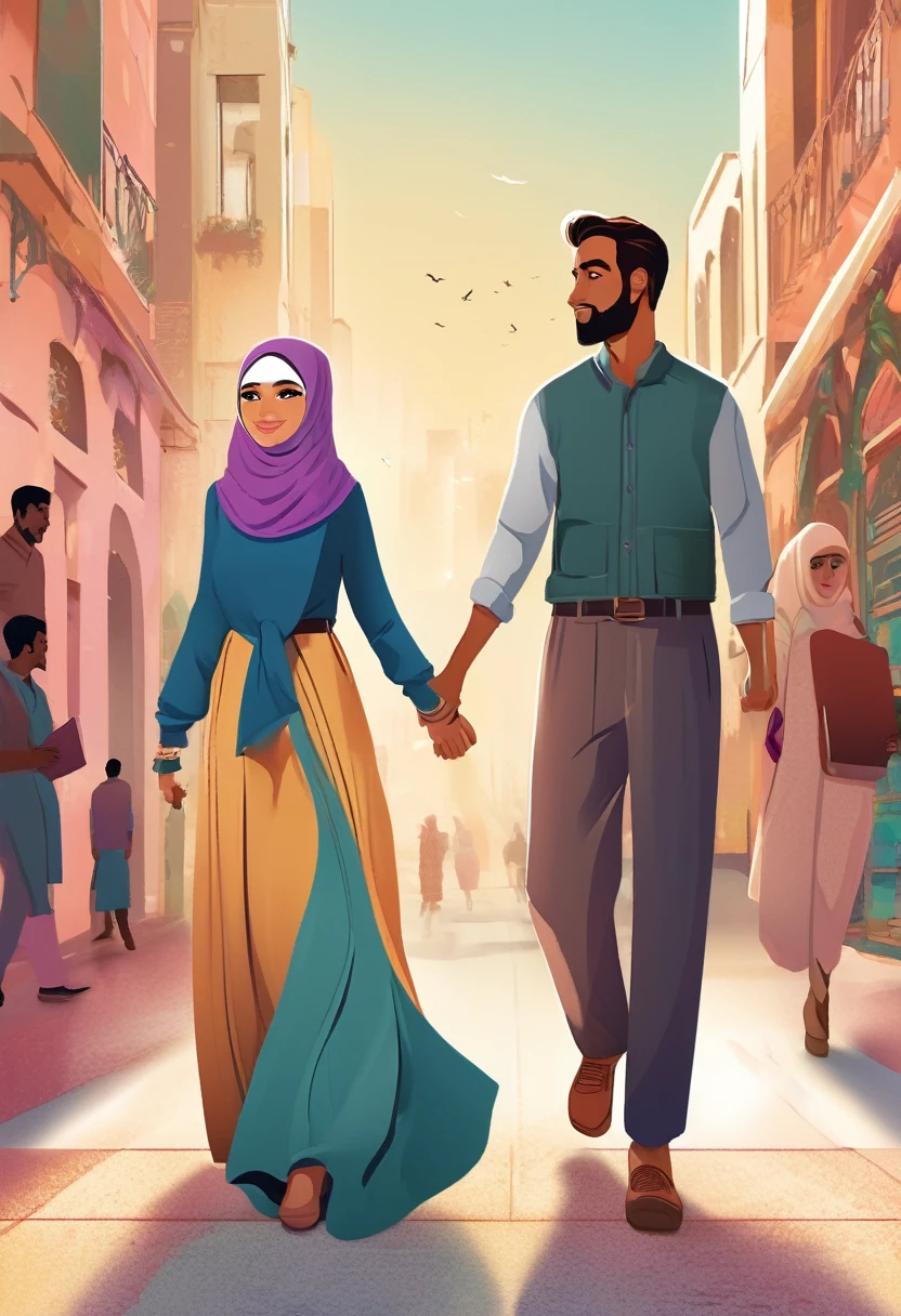 a hijab woman and a man in casual clothes are holding hands, digital art, by Marshall Arisman, cover illustration, 70mm, 7 0 mm, 70 mm, book cover illustration, by Brigette Barrager, album cover, novel cover art for a book, art concept for a book cover, cover art, 7 feet tall
