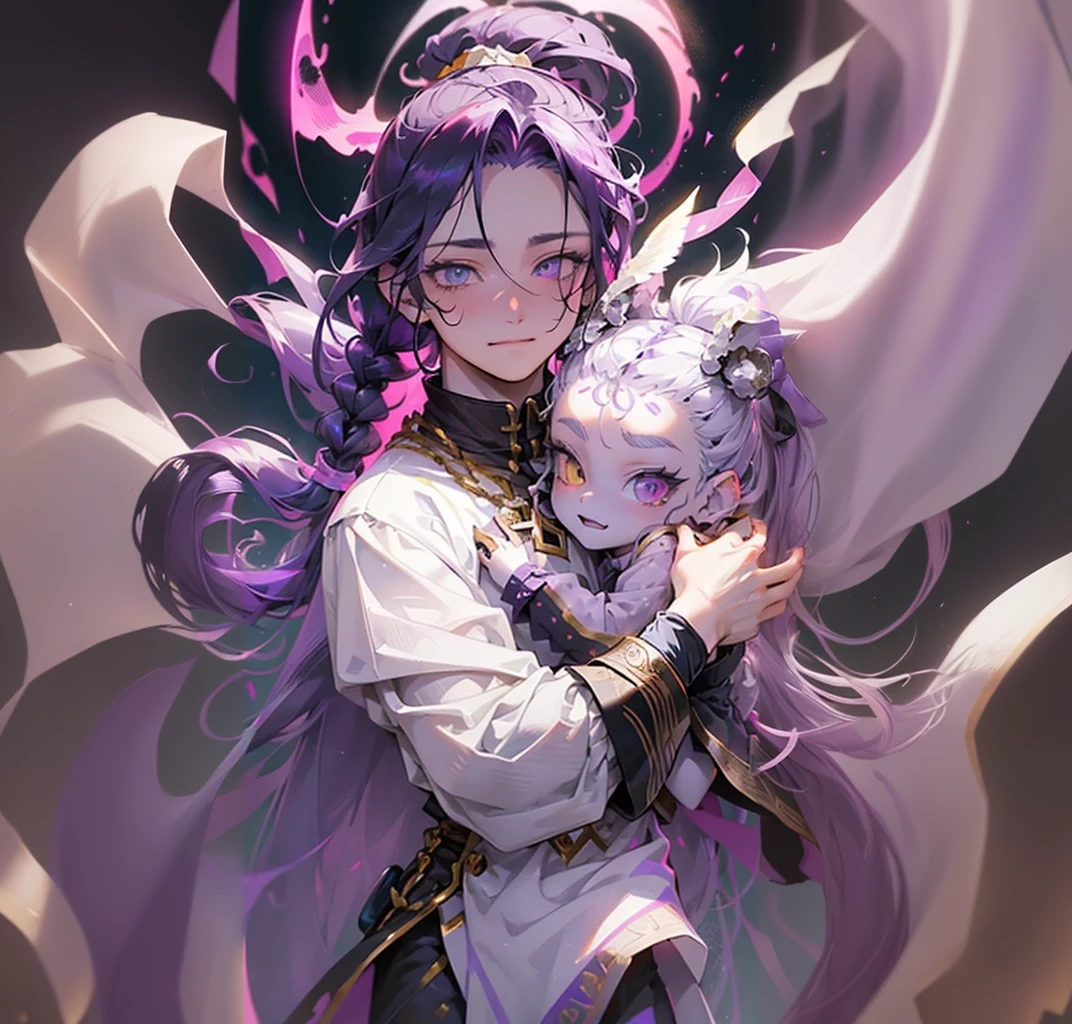 cheerful boy aristocrat, on the hands, open forehead. dark purple hair braided in a ponytail on the left side to one side. sinuous black horns wrapped in dark purple ribbon. pale violet eyes. in short dark purple shorts. long white T-shirt. dark purple knee-high socks. a white long robe with a hood flutters in the wind. black ancient stone walls of the castle purple light from lamps with gold ornaments, heterochromia, long curly hair, pale skin, I look at the viewer, closed mouth, bright smile, Beautiful, extremely detailed eye, Absolutely amazing art, extremely detailed, Digital art of the highest quality, full length, old piano, ancient walls of a stone castle