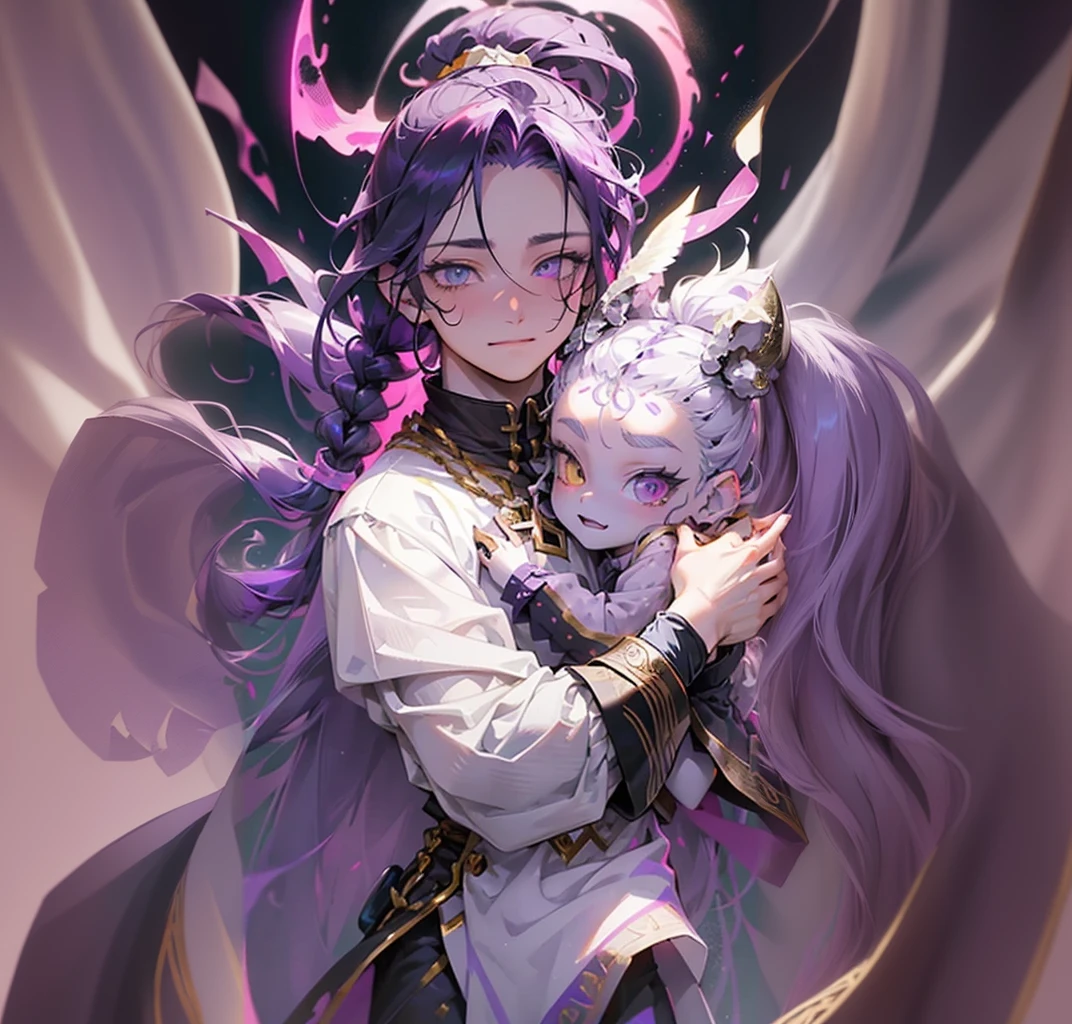 cheerful boy aristocrat, on the hands, open forehead. dark purple hair braided in a ponytail on the left side to one side. sinuous black horns wrapped in dark purple ribbon. pale violet eyes. in short dark purple shorts. long white T-shirt. dark purple knee-high socks. a white long robe with a hood flutters in the wind. black ancient stone walls of the castle purple light from lamps with gold ornaments, heterochromia, long curly hair, pale skin, I look at the viewer, closed mouth, bright smile, Beautiful, extremely detailed eye, Absolutely amazing art, extremely detailed, Digital art of the highest quality, full length, old piano, ancient walls of a stone castle