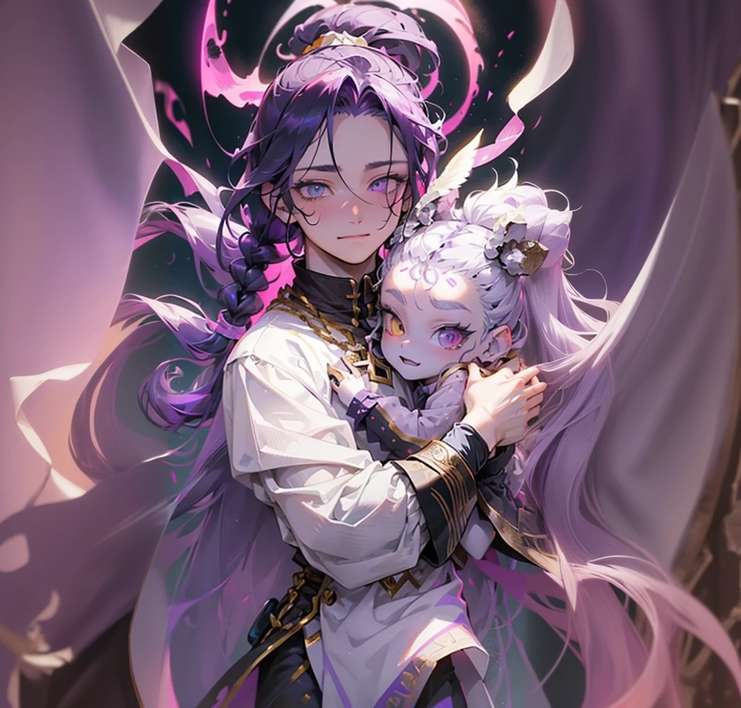 cheerful boy aristocrat, on the hands, open forehead. dark purple hair braided in a ponytail on the left side to one side. sinuous black horns wrapped in dark purple ribbon. pale violet eyes. in short dark purple shorts. long white T-shirt. dark purple knee-high socks. a white long robe with a hood flutters in the wind. black ancient stone walls of the castle purple light from lamps with gold ornaments, heterochromia, long curly hair, pale skin, I look at the viewer, closed mouth, bright smile, Beautiful, extremely detailed eye, Absolutely amazing art, extremely detailed, Digital art of the highest quality, full length, old piano, ancient walls of a stone castle