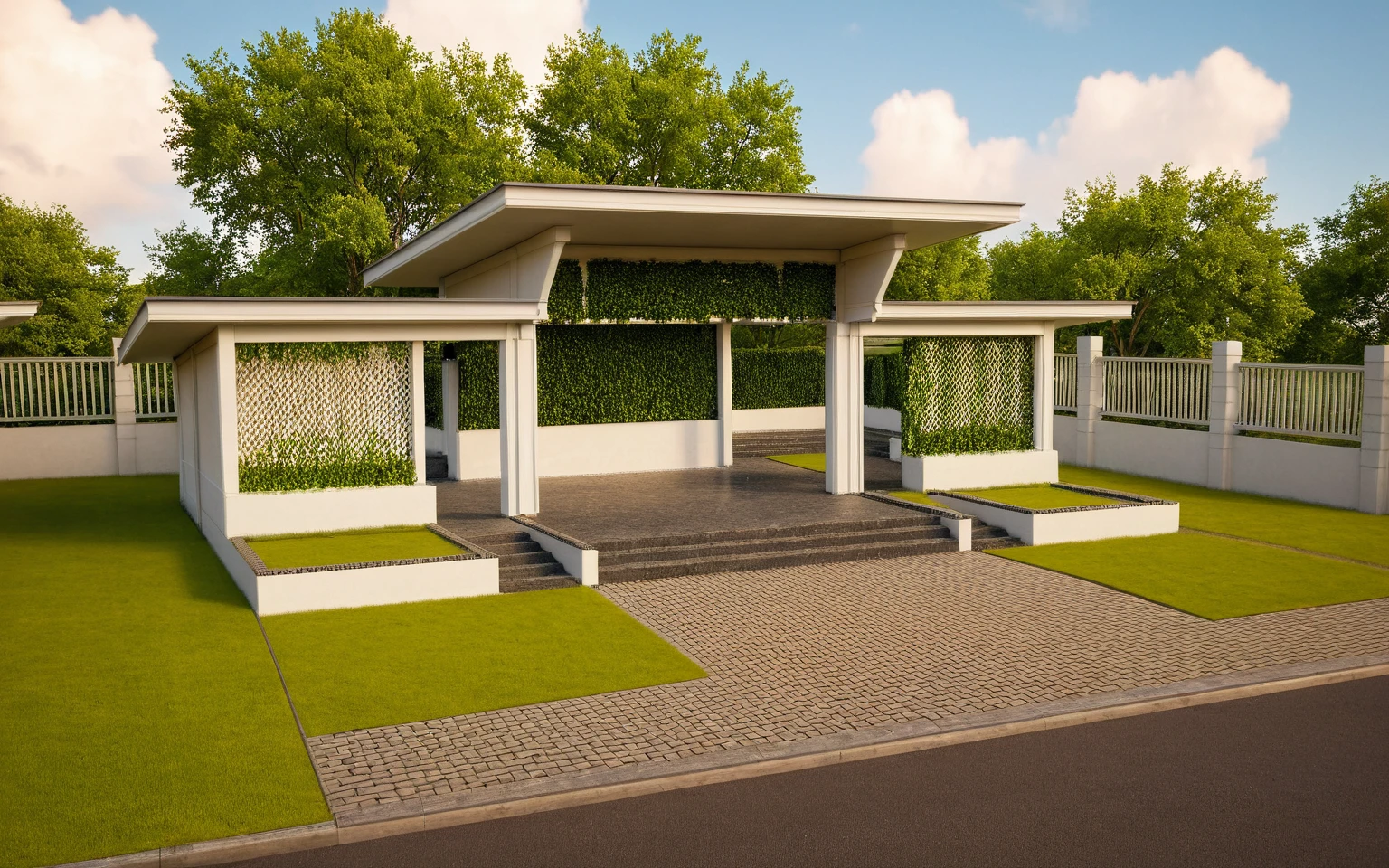 Masterpiece, high quality, best quality, authentic, super detail, outdoors, huts style neoclassic, bietthuhn, white wall, gate road, pavement, grass, trees, blue sky, sunset, cloud, (day:1.1), realistic lighting