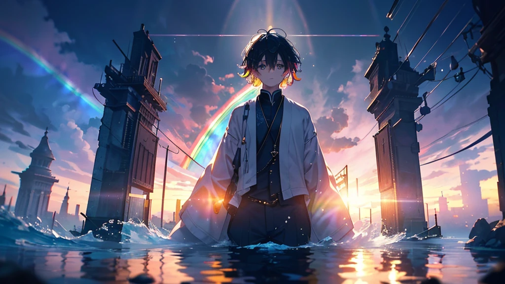 Bright eyed boy, The expression "I have few friends", short hair, Two-tone hair, White and black hair, (((Water moves around the body))), Water Throne, In the middle of the ocean, Blue sky with clouds, perfect reflections, {Highly detailed 16K CG unit wallpaper}, Wide大な風景写真, (A low-key perspective that focuses on characters and settings), (Wide々Clear visibility), (Low angle shot ), (highlight: 1.4), (Low Light: 1.2), (Warm light source: 1.6), Intricate details, (Rainbow colors: 1.5), (Bright lighting), (Atmospheric lighting), dream-like, Individuality,