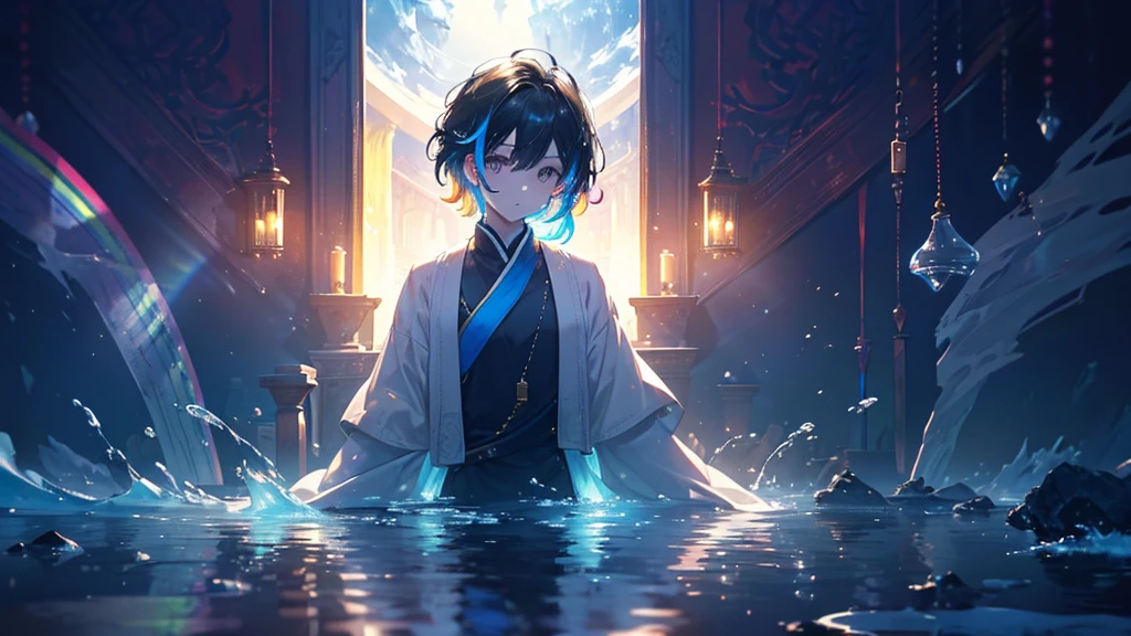 Bright eyed boy, The expression &quot;I have few friends&quot;, short hair, Two-tone hair, White and black hair, (((Water moves around the body))), Water Throne, In the middle of the ocean, Blue sky with clouds, perfect reflections, {Highly detailed 16K CG unit wallpaper}, Wide大な風景写真, (A low-key perspective that focuses on characters and settings), (Wide々Clear visibility), (Low angle shot ), (highlight: 1.4), (Low Light: 1.2), (Warm light source: 1.6), Intricate details, (Rainbow colors: 1.5), (Bright lighting), (Atmospheric lighting), dream-like, Individuality,