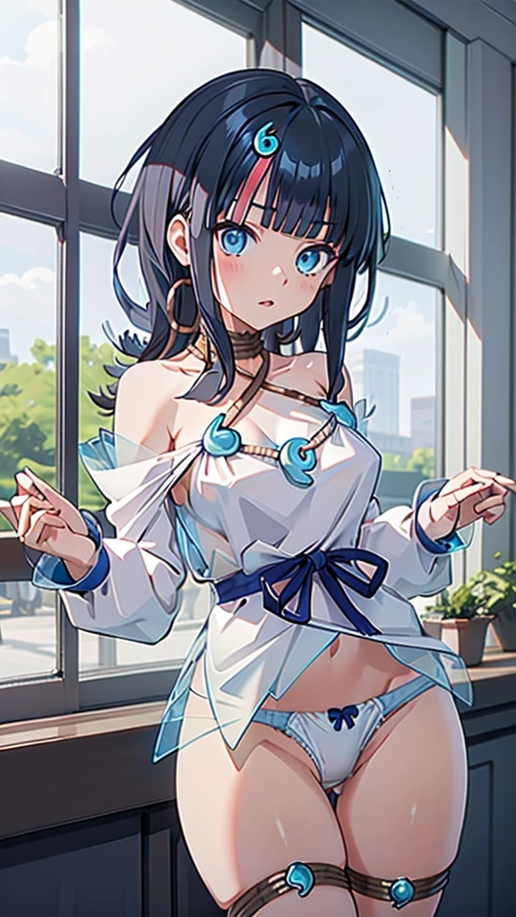 In underwear、Blue Bra、Blue Panties、Panties in full view、In underwear、 1girl, utsumiericeFA,long sleeves, bare shoulders, jewelry, puffy sleeves, necklace,, streaked hair, blue ribbon, puffy long sleeves,magatama,
