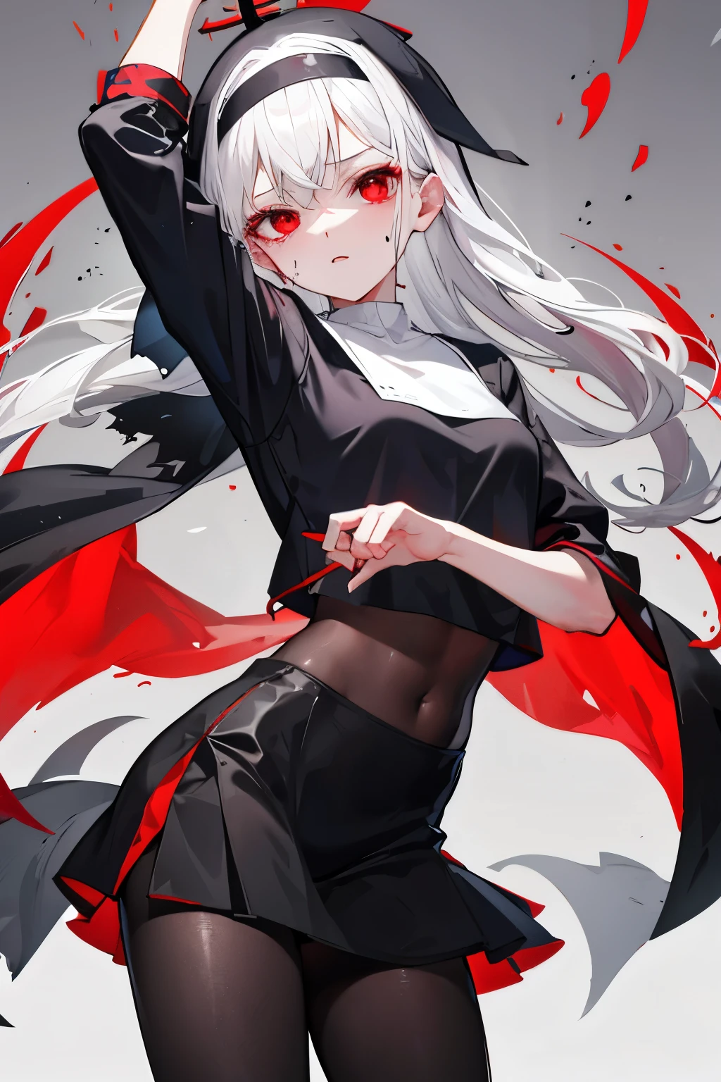 underdressing，Expression of disgust，Expression of disgust，Red Eyes，Sweat，Soaked，liquid，transparent，Cropped tops，nun，stocking，Black pantyhose